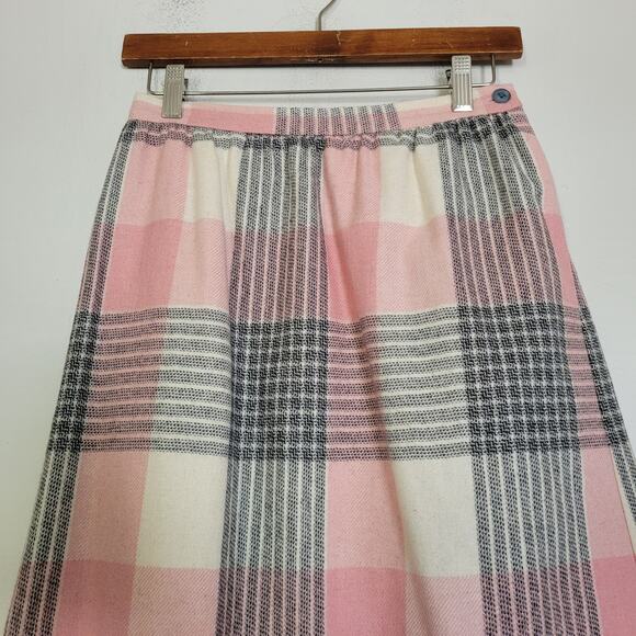 Vtg Pink Plaid Midi Skirt Womens 8 Preppy Cottagecore Acadmia Boho USA Made - Picture 2 of 11